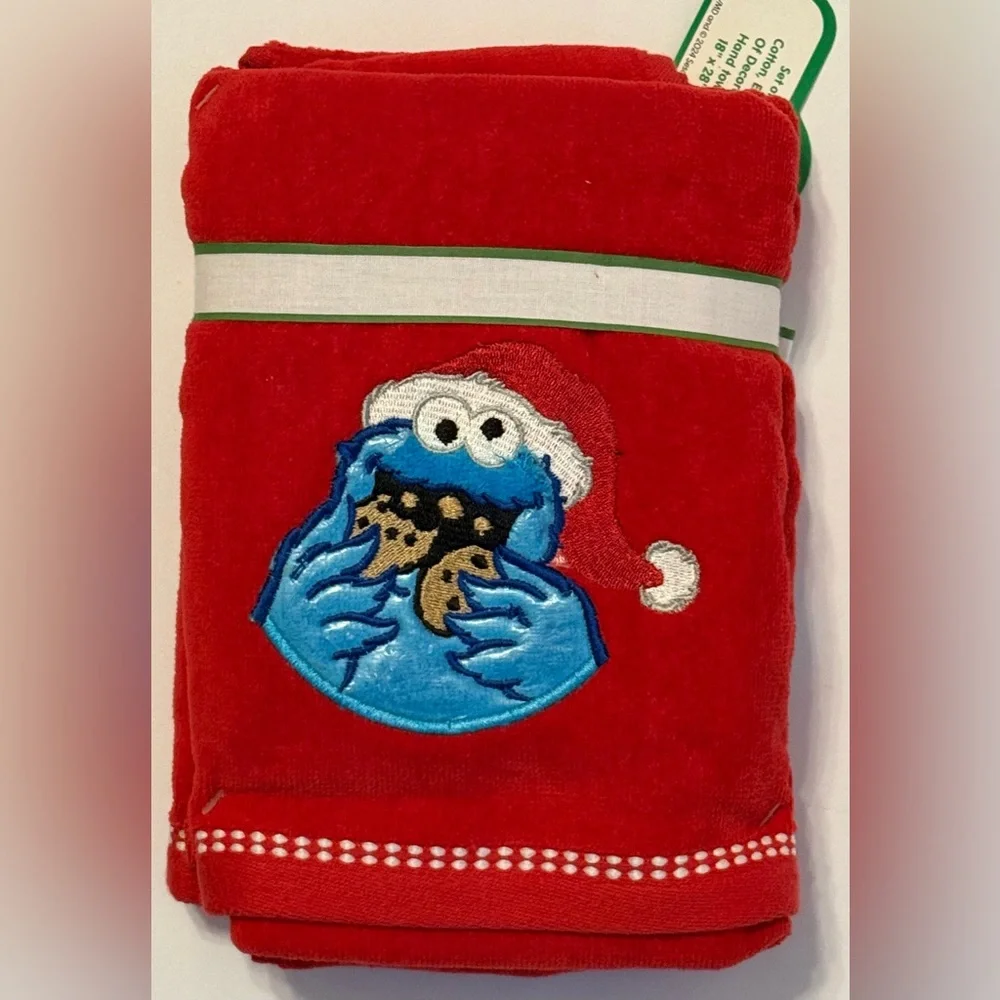 Sesame Street Set of 2 Christmas Cookie Monster Hand Towels 18x28 Inch Red - NWT